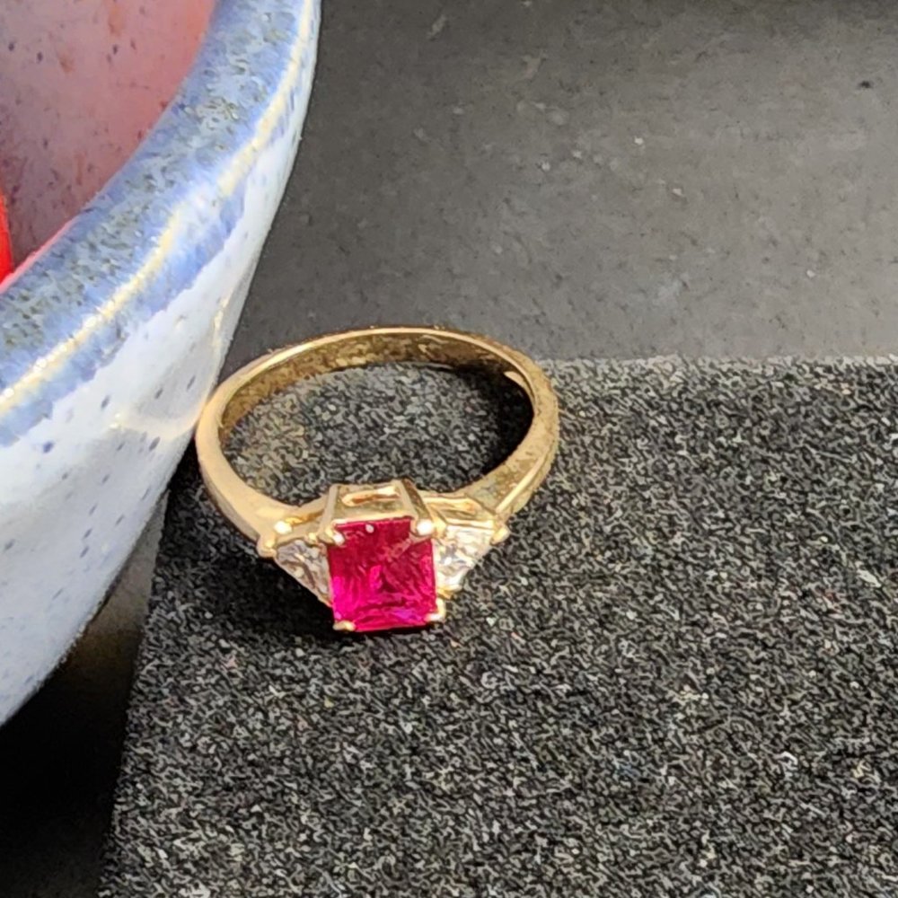 Goldtone Ruby and Cz Ring